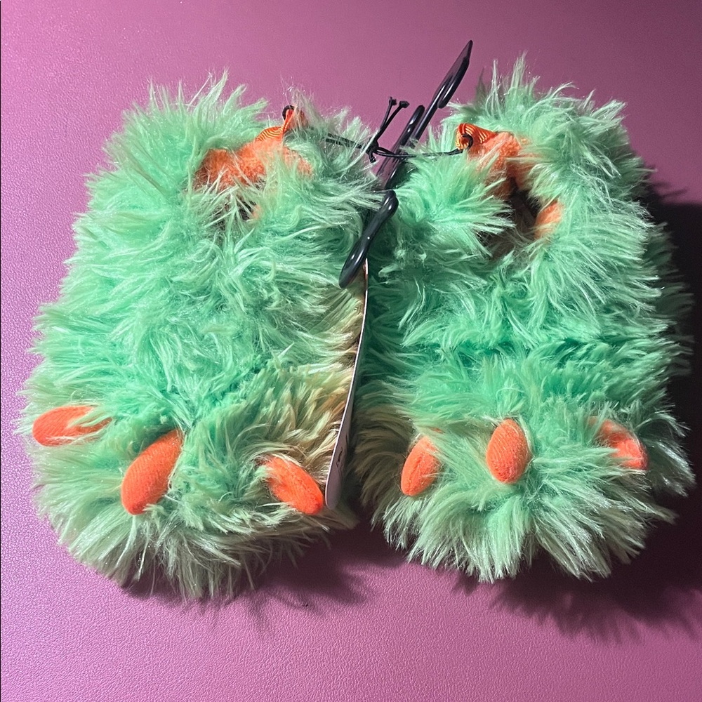 wonder nation Mint Green Fuzzy Monster Slippers with Orange Claws